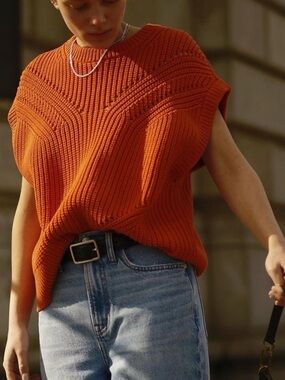 Madewell Mariella Pointelle Sweater Tee Red Orange Size S NWOT
